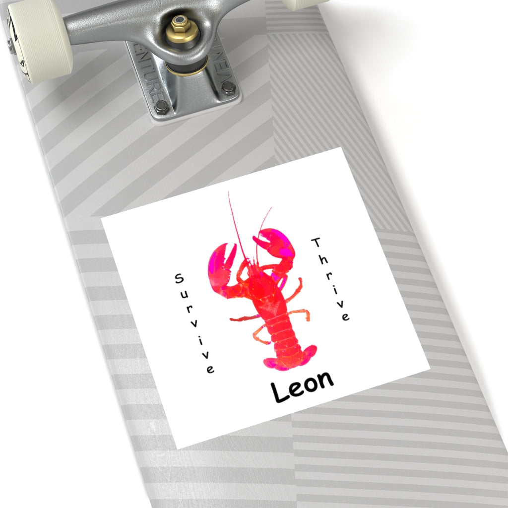 Square Stickers, Indoor\Outdoor. The art is from an actual photo of Leon, complete with his trademark back patch,... survive, thrive,...