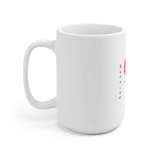 Ceramic Mug 15oz. The art is from an actual photo of Leon, complete with his trademark back patch,... survive, thrive,...