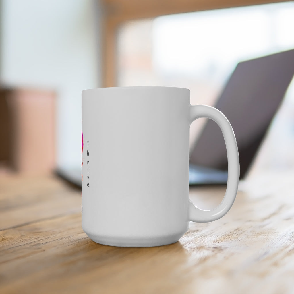 Ceramic Mug 15oz. The art is from an actual photo of Leon, complete with his trademark back patch,... survive, thrive,...